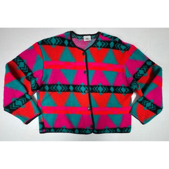 Vintage David Wayne Womens Small Southwest Fleece Cardigan Jacket Bright Boho EC - Picture 1 of 8